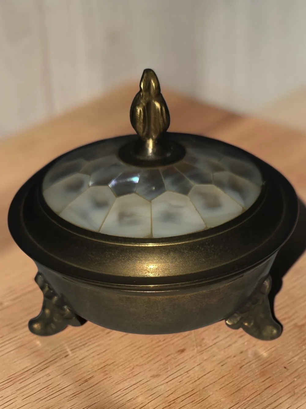 Vintage Brass Footed Trinket Box with Mother-of-Pearl Lid